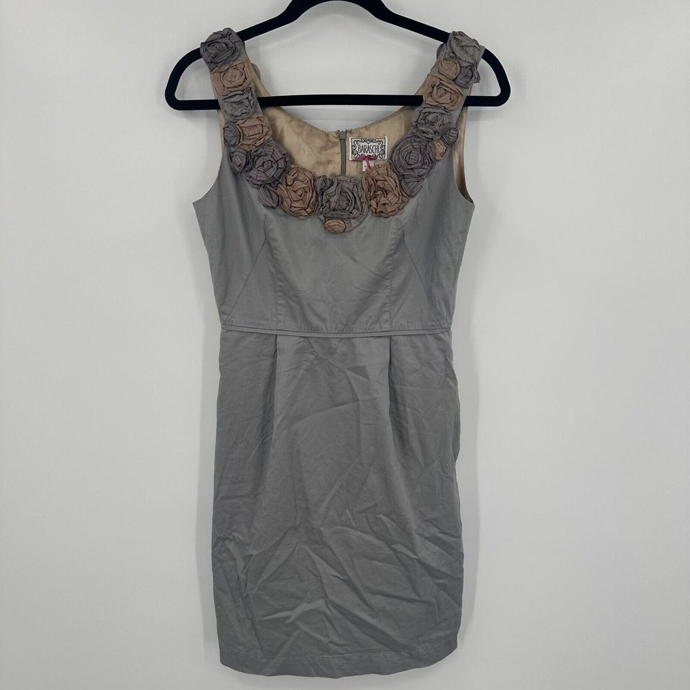 Baraschi Sheath Dress Women's 4 Gray Back Zip Sleeveless Floral Embellished Neck